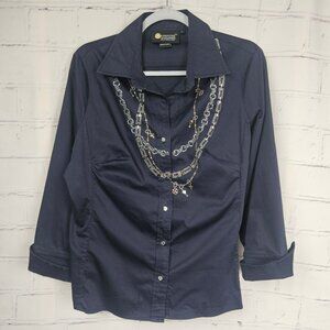 Christine Alexander Navy Button-Up Shirt Blouse Rhinestone Detailing Womens L